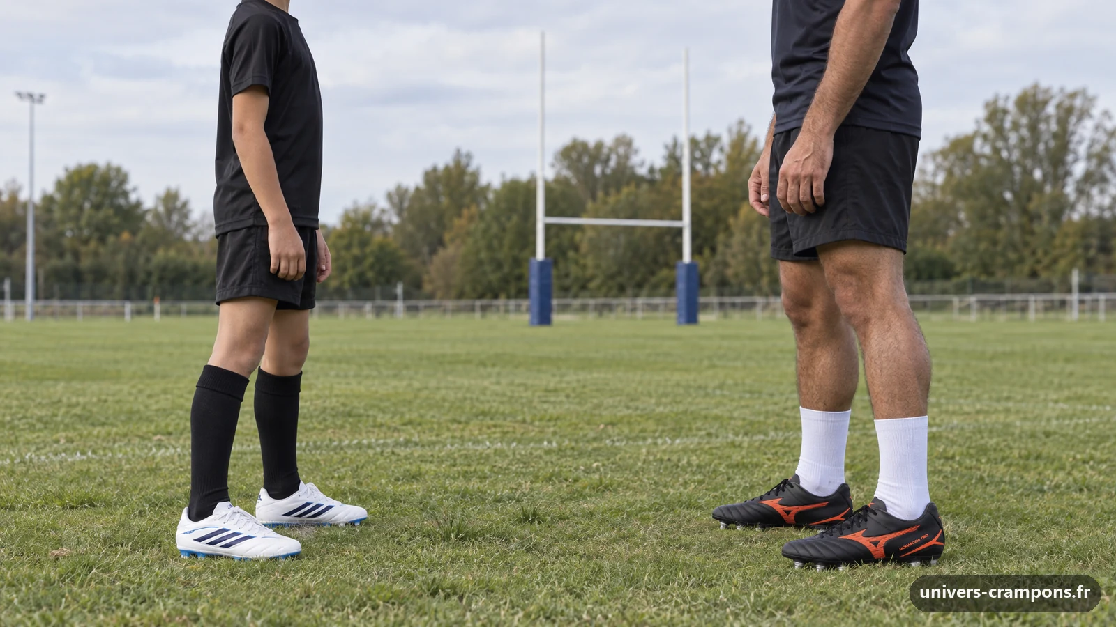 Un joueur et un enfant face à face au bord d'un terrain d'entraînement, l'un chaussé de crampons Adidas Copa Pure IV Club FG/MG Enfant Blanc et bleu, l'autre de crampons Mizuno Monarcida Neo III Rugby SI Noir et orange