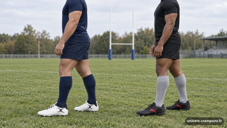 Deux joueurs de profil au bord d'un terrain de rugby, l'un chaussé de crampons Gilbert Icon Players 2.0 8S Blanc et noir, l'autre de crampons Puma Avant Noir et rouge